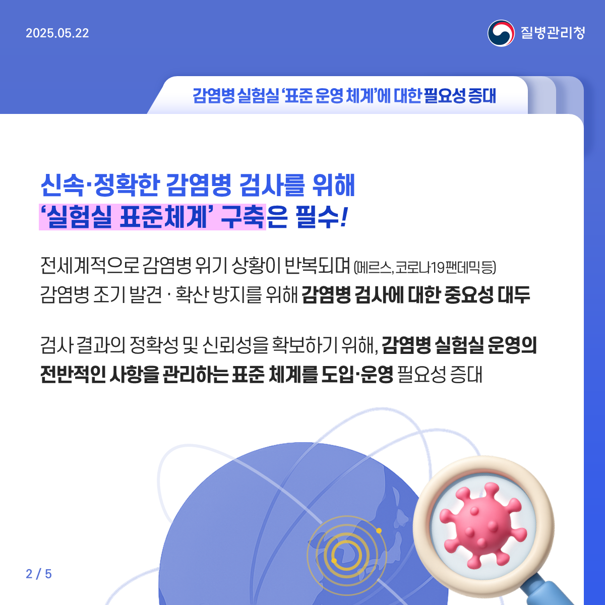 신속·정확한 감염병 검사를 위해 ‘실험실 표준체계’ 구축 은 필수! 전세계적으로 감염병 위기 상황이 반복되며 (메르스, 코로나19 팬데믹 등) 감염병 조기 발견 · 확산 방지를 위해 감염병 검사에 대한 중요성 대두 검사 결과의 정확성 및 신뢰성을 확보하기 위해, 감염병 실험실 운영의 전반적인 사항을 관리하는 표준 체계를 도입·운영 필요성 증대